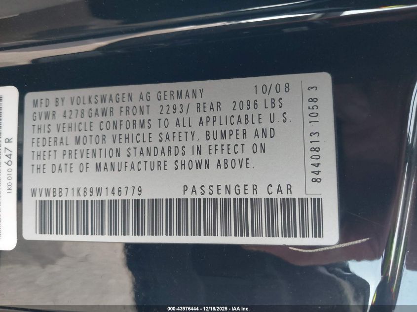 2009 Volkswagen Rabbit S VIN: WVWBB71K89W146779 Lot: 43976444