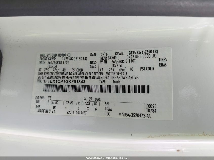 2016 Ford F-150 Xlt VIN: 1FTEX1CP1GKF91843 Lot: 43976448