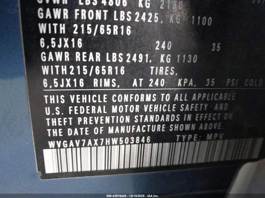 2017 Volkswagen Tiguan 2.0T S VIN: WVGAV7AX7HW503846 Lot: 43976449