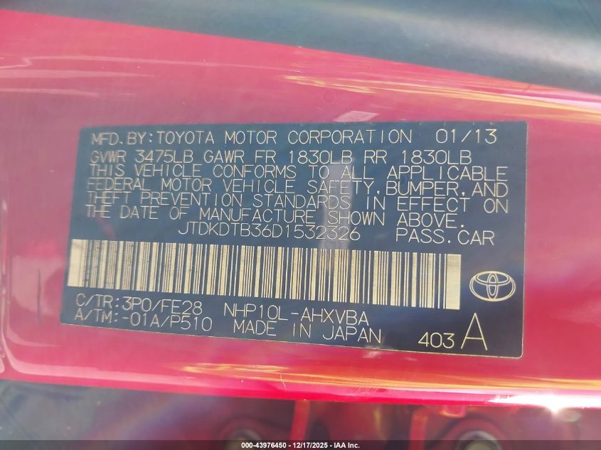 2013 Toyota Prius C One VIN: JTDKDTB36D1532326 Lot: 43976450