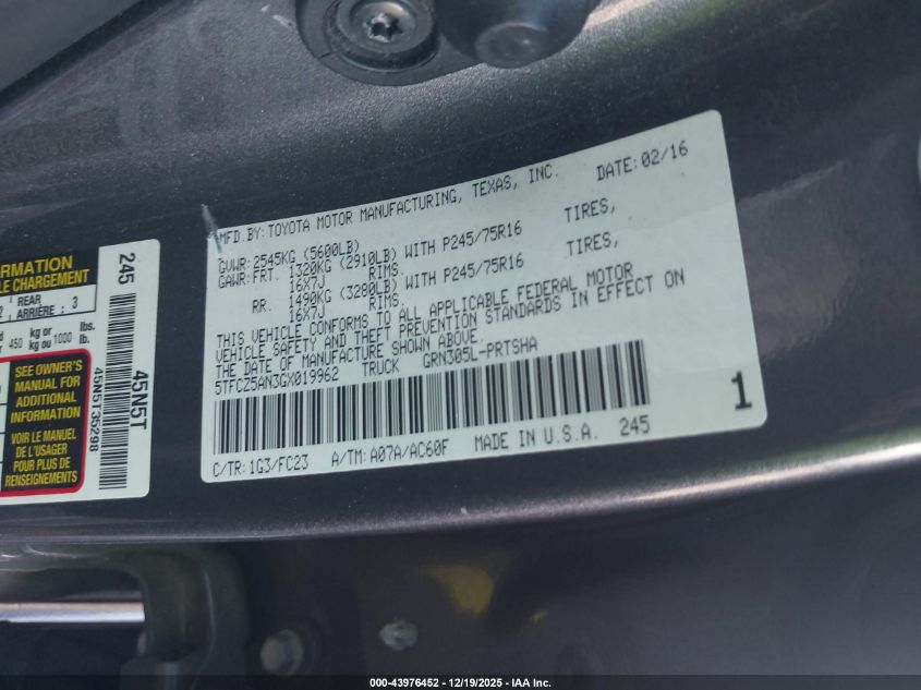 2016 Toyota Tacoma Sr5 V6 VIN: 5TFCZ5AN3GX019962 Lot: 43976452