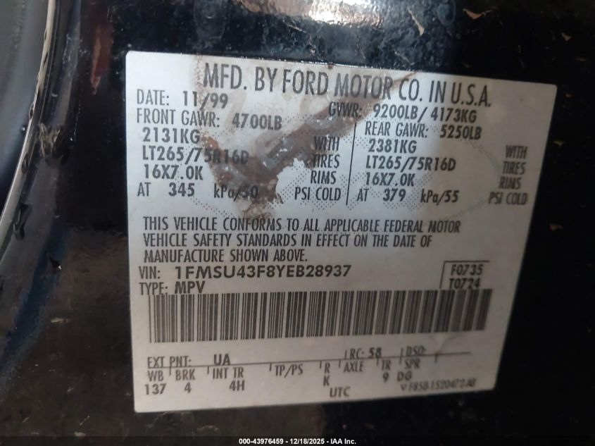 2000 Ford Excursion Limited VIN: 1FMSU43F8YEB28937 Lot: 43976459