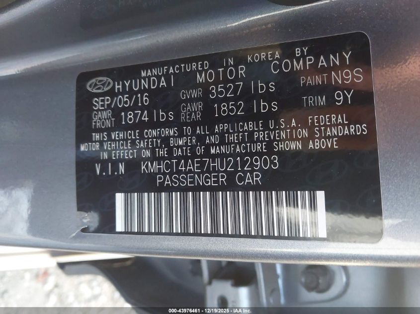 2017 Hyundai Accent Se VIN: KMHCT4AE7HU212903 Lot: 43976461