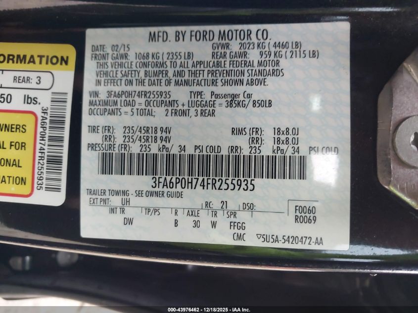 2015 Ford Fusion Se VIN: 3FA6P0H74FR255935 Lot: 43976462