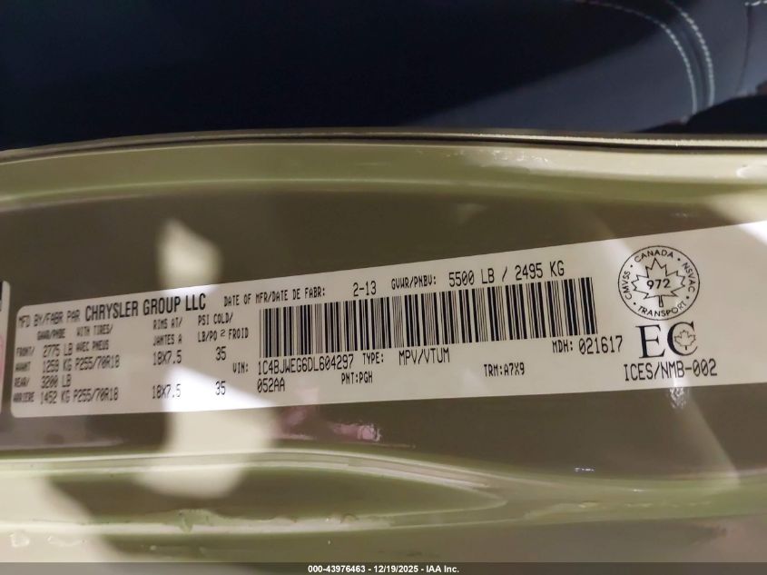 2013 Jeep Wrangler Unlimited Sahara VIN: 1C4BJWEG6DL604297 Lot: 43976463