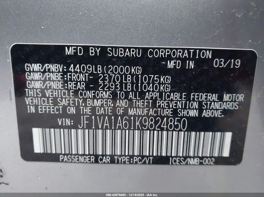 2019 Subaru Wrx VIN: JF1VA1A61K9824850 Lot: 43976465