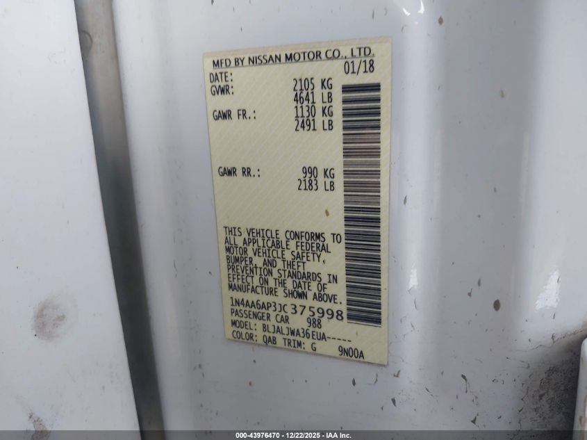 2018 Nissan Maxima 3.5 Sv VIN: 1N4AA6AP3JC375998 Lot: 43976470