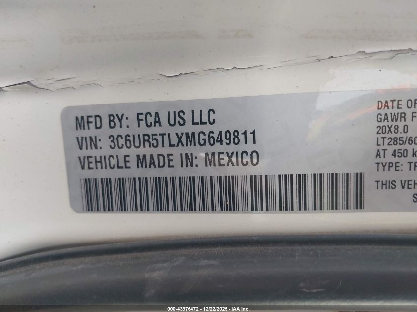 2021 Ram 2500 Limited 4X4 6'4 Box VIN: 3C6UR5TLXMG649811 Lot: 43976472
