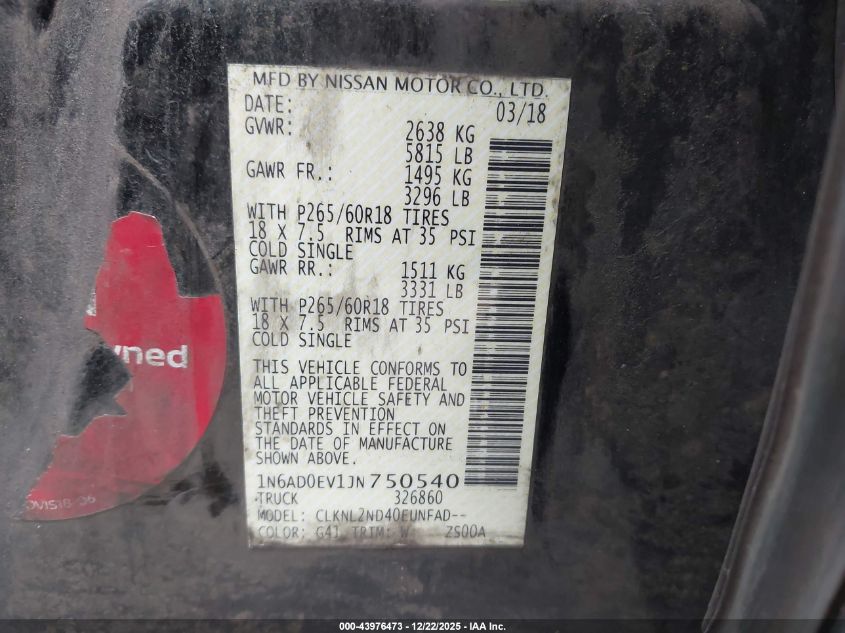 2018 Nissan Frontier Sv VIN: 1N6AD0EV1JN750540 Lot: 43976473