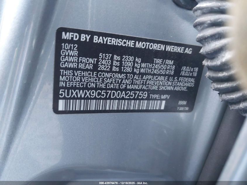 2013 BMW X3 xDrive28I VIN: 5UXWX9C57D0A25759 Lot: 43976476