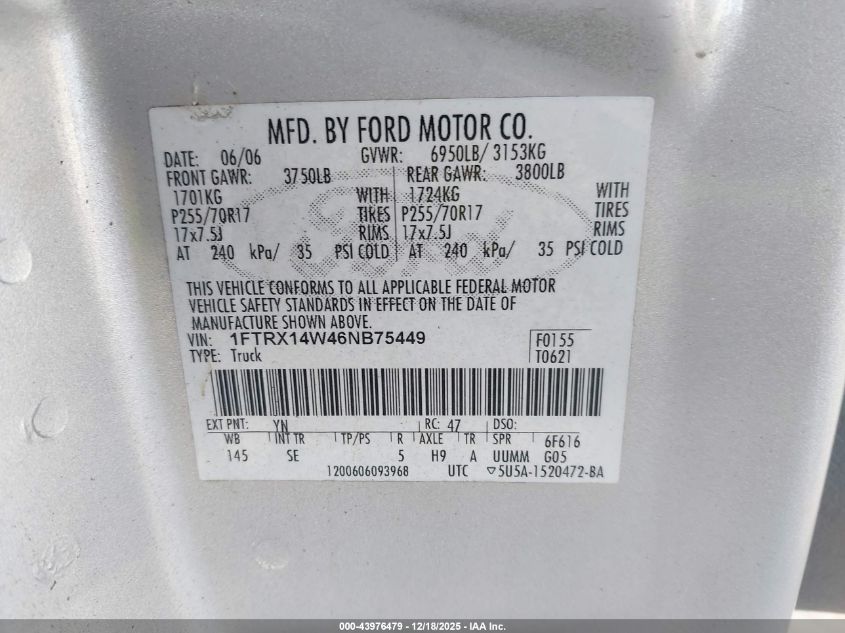 2006 Ford F-150 Stx/Xl/Xlt VIN: 1FTRX14W46NB75449 Lot: 43976479