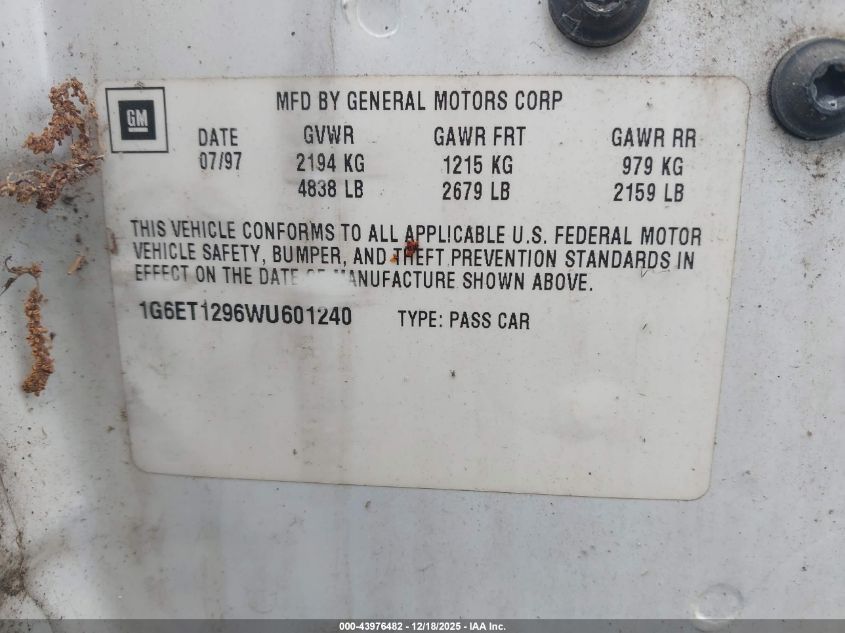 1998 Cadillac Eldorado Touring VIN: 1G6ET1296WU601240 Lot: 43976482