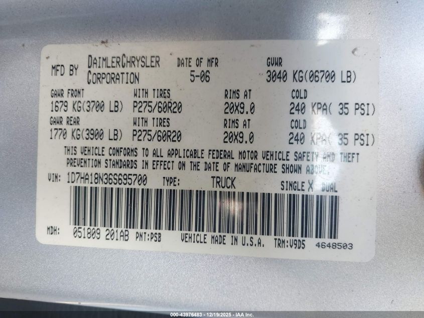 2006 Dodge Ram 1500 Slt VIN: 1D7HA18N36S695700 Lot: 43976483