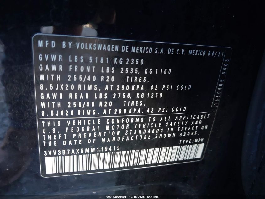 2021 Volkswagen Tiguan 2.0T Se/2.0T Se R-Line Black/2.0T Sel VIN: 3VV3B7AX5MM119419 Lot: 43976491