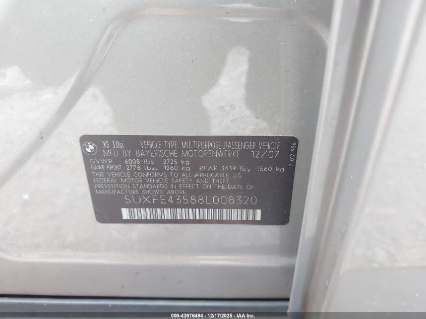 2008 BMW X5 3.0Si VIN: 5UXFE43588L008320 Lot: 43976494