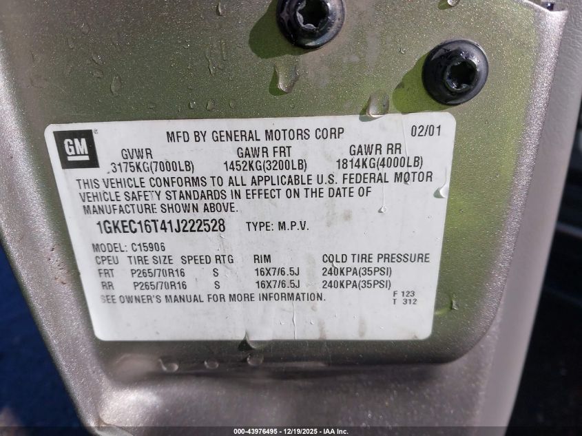 2001 GMC Yukon Xl 1500 Slt VIN: 1GKEC16T41J222528 Lot: 43976495