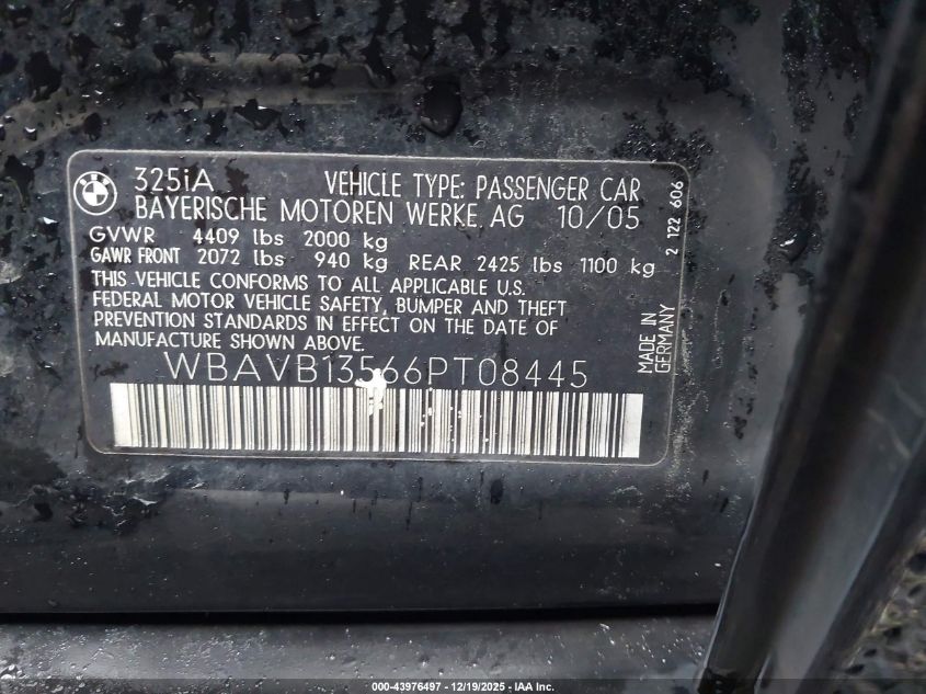 2006 BMW 325I VIN: WBAVB13566PT08445 Lot: 43976497