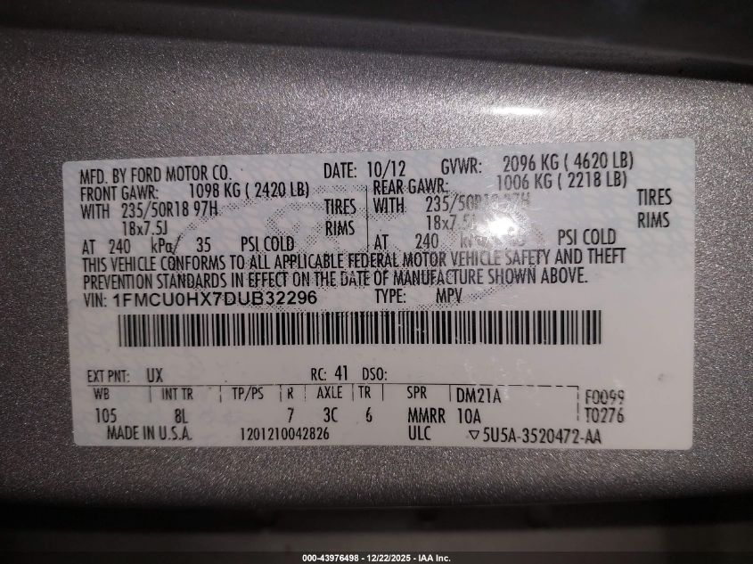 2013 Ford Escape Sel VIN: 1FMCU0HX7DUB32296 Lot: 43976498