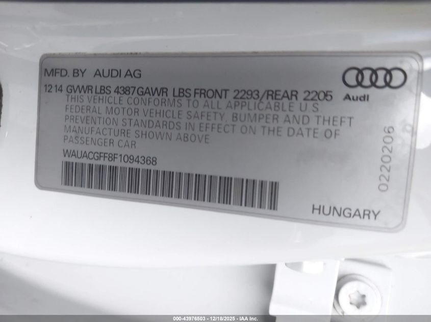 2015 Audi A3 1.8T Premium VIN: WAUACGFF8F1094368 Lot: 43976503
