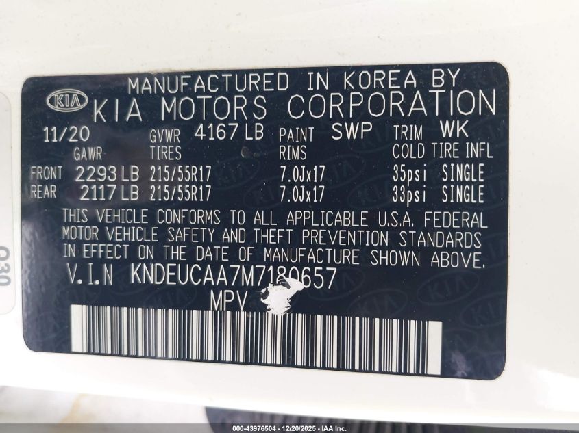 2021 Kia Seltos S VIN: KNDEUCAA7M7180657 Lot: 43976504