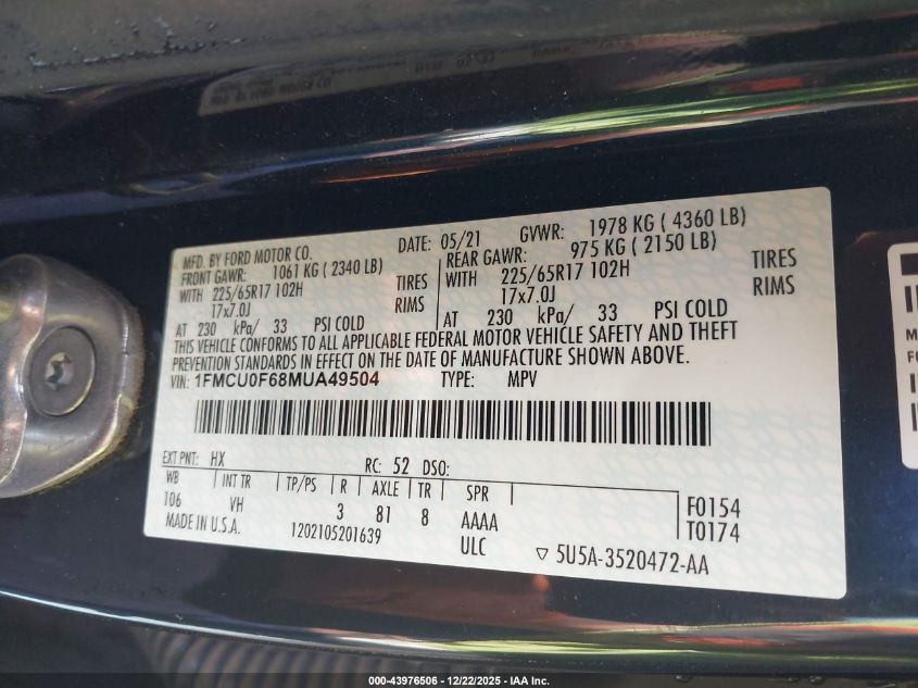 2021 Ford Escape S VIN: 1FMCU0F68MUA49504 Lot: 43976506