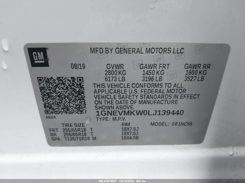 2020 Chevrolet Traverse Awd 2Fl VIN: 1GNEVMKW0LJ139440 Lot: 43976507