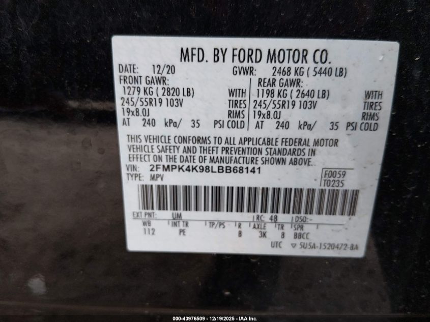 2020 Ford Edge Titanium VIN: 2FMPK4K98LBB68141 Lot: 43976509
