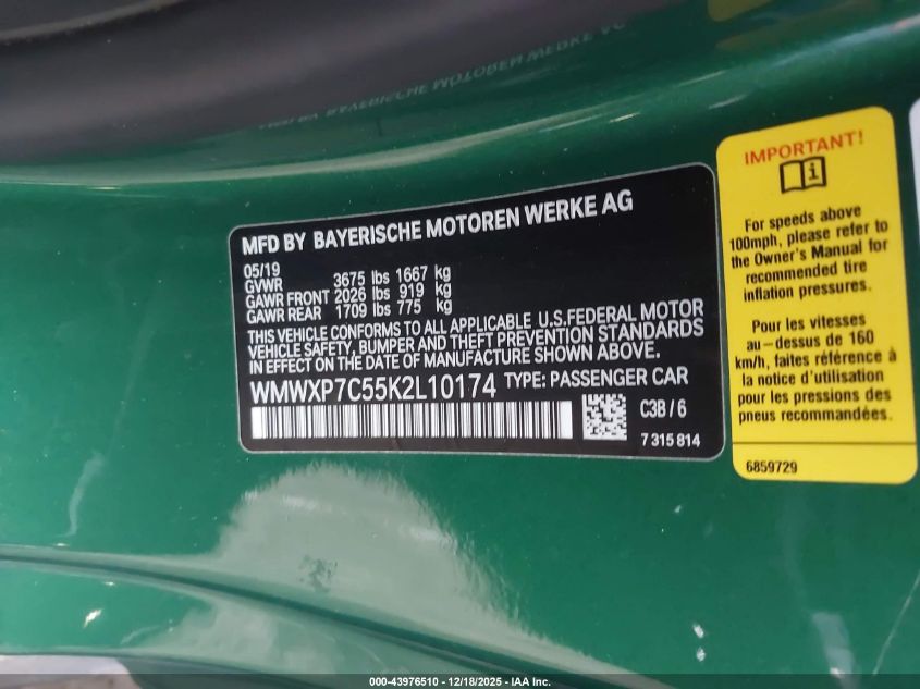 2019 Mini Hardtop Cooper S VIN: WMWXP7C55K2L10174 Lot: 43976510