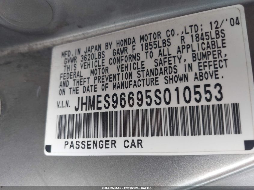 2005 Honda Civic Hybrid VIN: JHMES96695S010553 Lot: 43976515