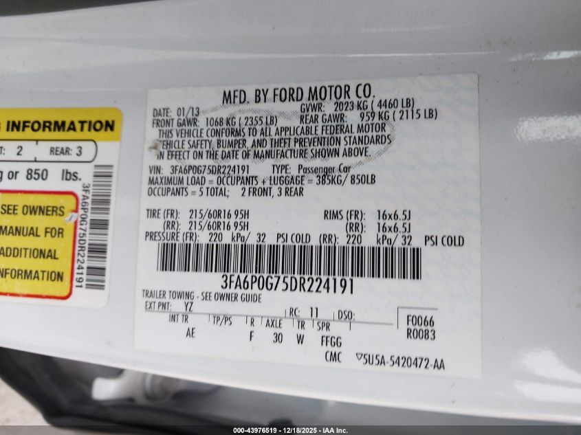 2013 Ford Fusion S VIN: 3FA6P0G75DR224191 Lot: 43976519