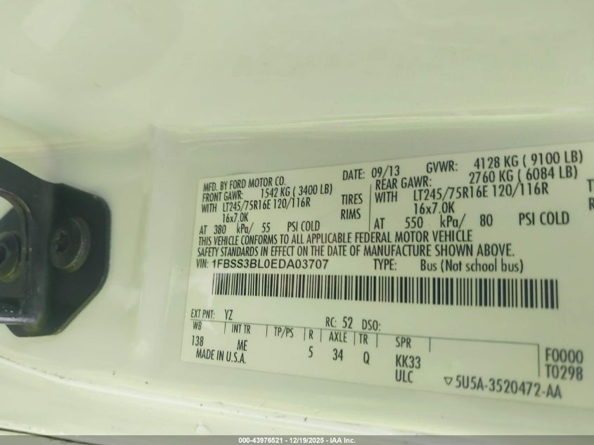 2014 Ford E-350 Super Duty Xlt VIN: 1FBSS3BL0EDA03707 Lot: 43976521