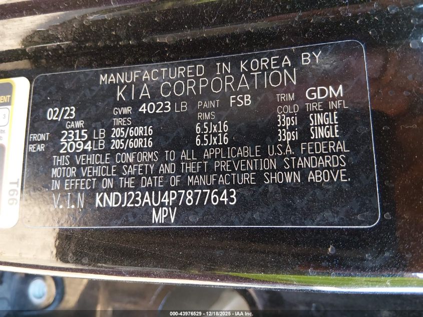 2023 Kia Soul Lx VIN: KNDJ23AU4P7877643 Lot: 43976529