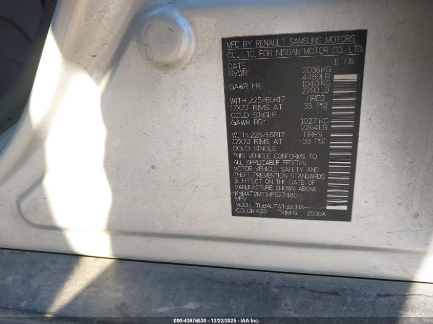 2017 Nissan Rogue S VIN: KNMAT2MT1HP527480 Lot: 43976530