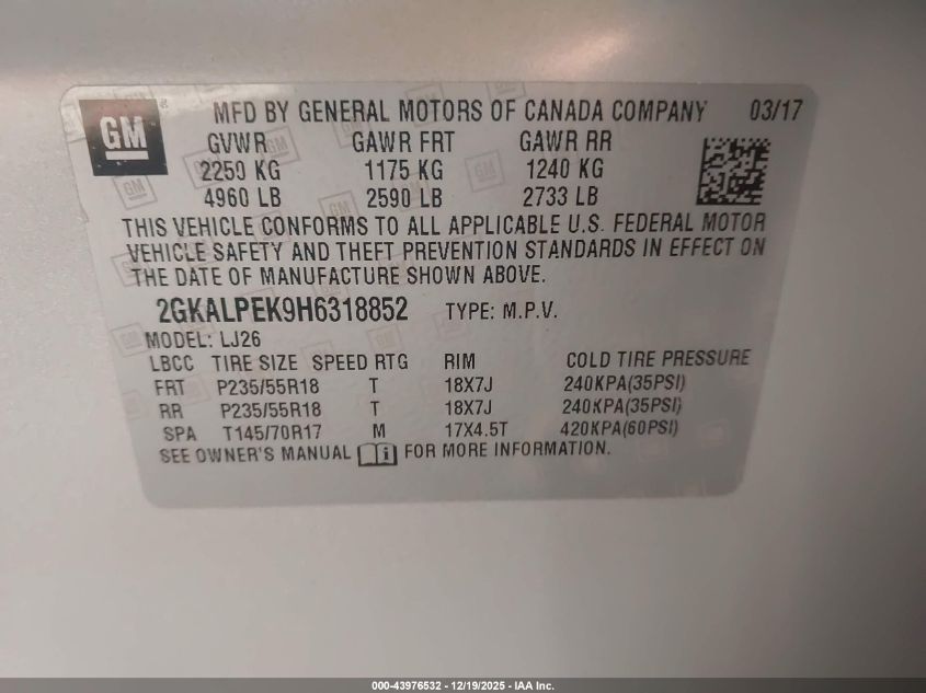 2017 GMC Terrain Slt VIN: 2GKALPEK9H6318852 Lot: 43976532