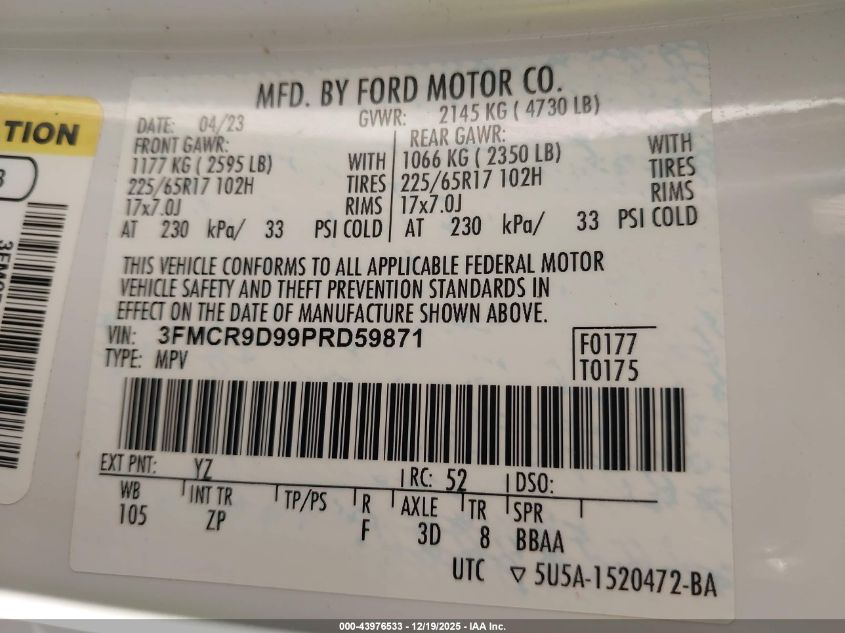 2023 Ford Bronco Sport Badlands VIN: 3FMCR9D99PRD59871 Lot: 43976533