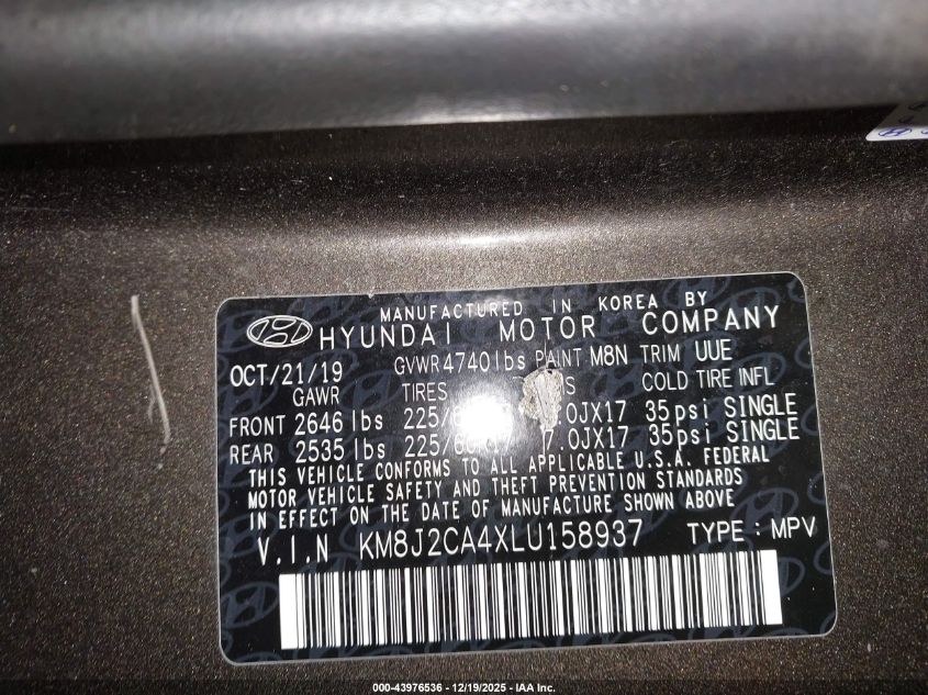 2020 Hyundai Tucson Se VIN: KM8J2CA4XLU158937 Lot: 43976536