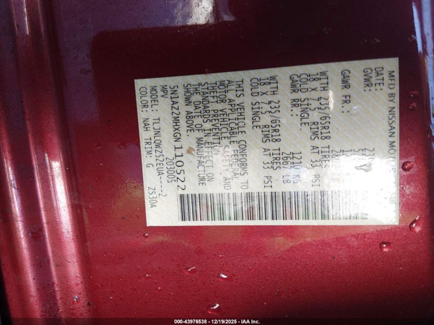 2016 Nissan Murano Sv VIN: 5N1AZ2MHXGN110522 Lot: 43976538