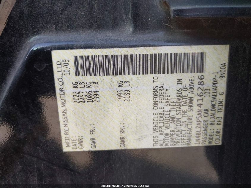 2010 Nissan Altima 3.5 Sr VIN: 1N4BL2AP5AN416286 Lot: 43976540