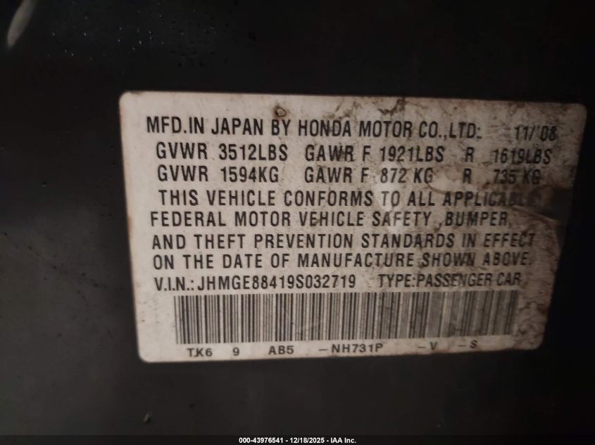 2009 Honda Fit Sport VIN: JHMGE88419S032719 Lot: 43976541