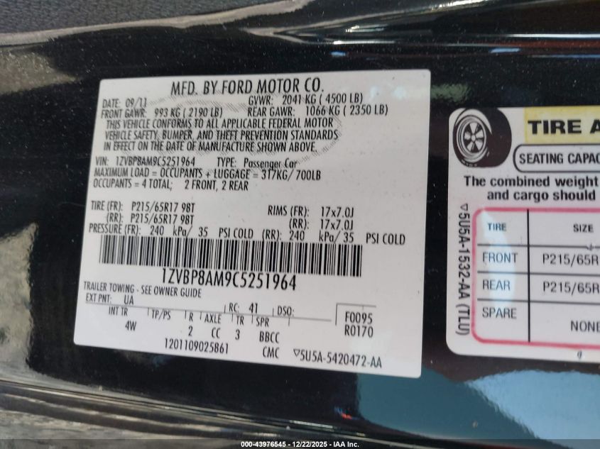 2012 Ford Mustang V6 Premium VIN: 1ZVBP8AM9C5251964 Lot: 43976545