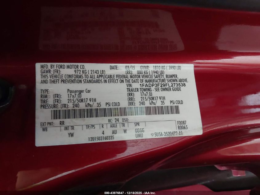 2015 Ford Focus Se VIN: 1FADP3F29FL273538 Lot: 43976547