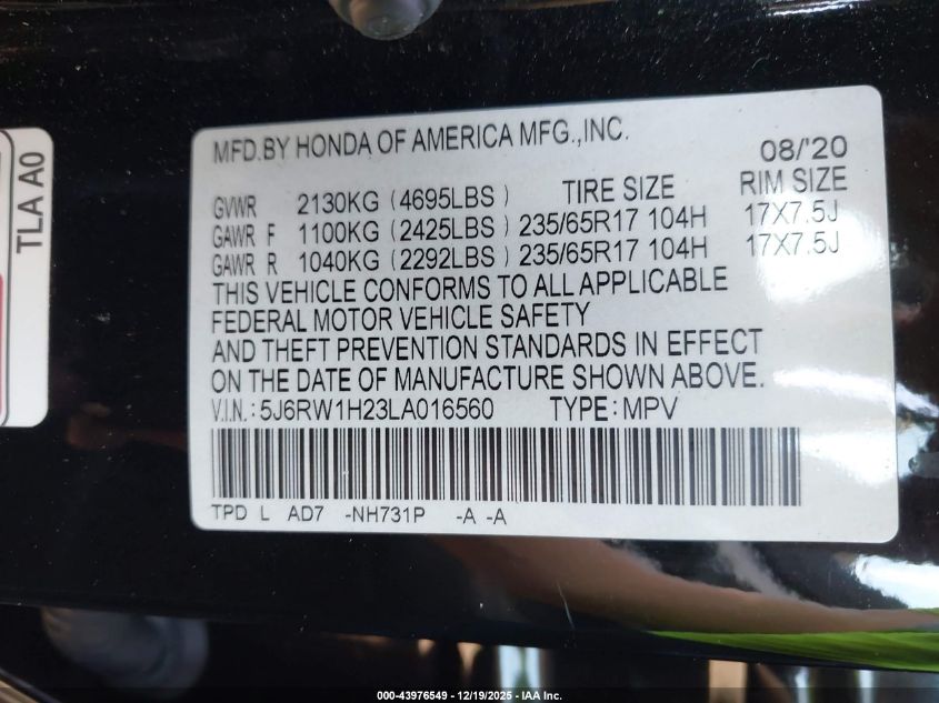 2020 Honda Cr-V 2Wd Lx VIN: 5J6RW1H23LA016560 Lot: 43976549