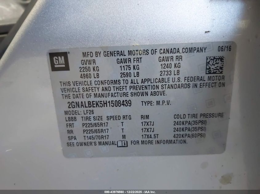 2017 Chevrolet Equinox Ls VIN: 2GNALBEK5H1508439 Lot: 43976560