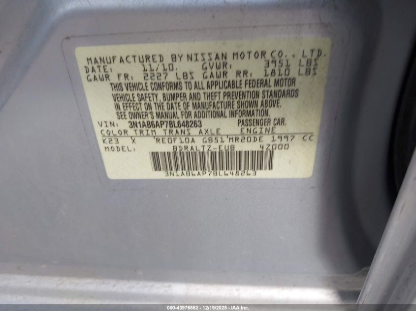 2011 Nissan Sentra 2.0S VIN: 3N1AB6AP7BL648263 Lot: 43976562