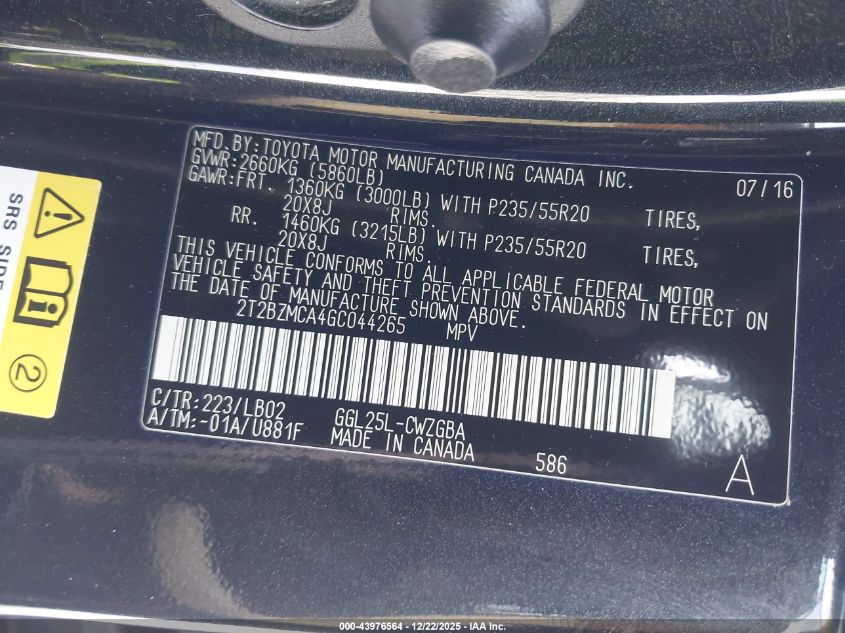 2016 Lexus Rx 350 VIN: 2T2BZMCA4GC044265 Lot: 43976564