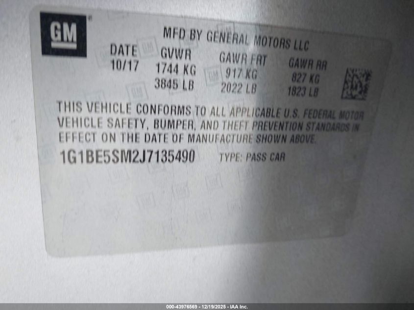 2018 Chevrolet Cruze Lt Auto VIN: 1G1BE5SM2J7135490 Lot: 43976569