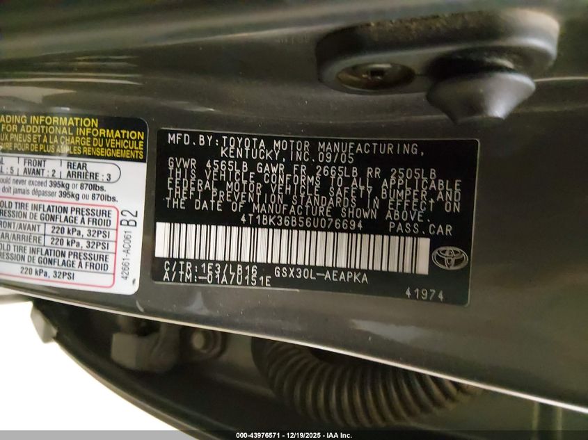 2006 Toyota Avalon Limited VIN: 4T1BK36B56U076694 Lot: 43976571