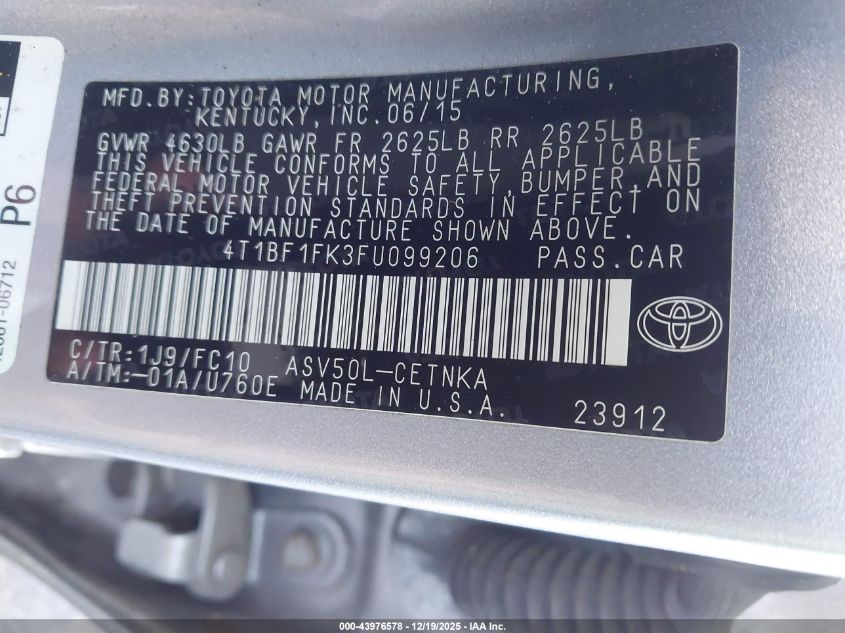 2015 Toyota Camry Le VIN: 4T1BF1FK3FU099206 Lot: 43976578