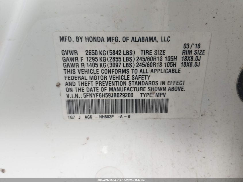 2018 Honda Pilot Ex-L VIN: 5FNYF6H59JB029200 Lot: 43976584