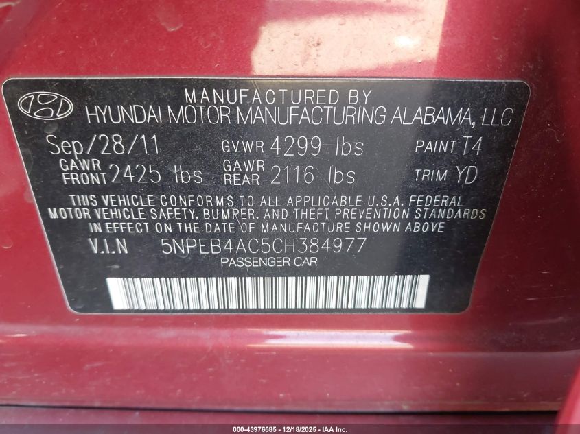 2012 Hyundai Sonata Gls VIN: 5NPEB4AC5CH384977 Lot: 43976585